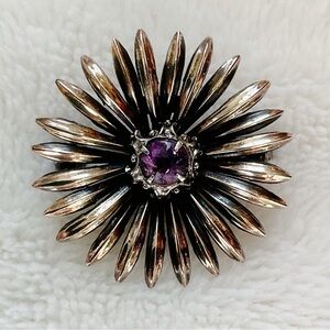 Vintage Symmetallic Sterling + 14K Flower Brooch – Amethyst Center, Mid-Century